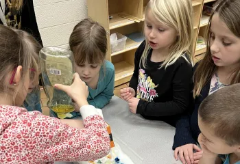Kids conduct a science experiment, pouring colored liquid into a tray.  They watch intently as the colors mix.
