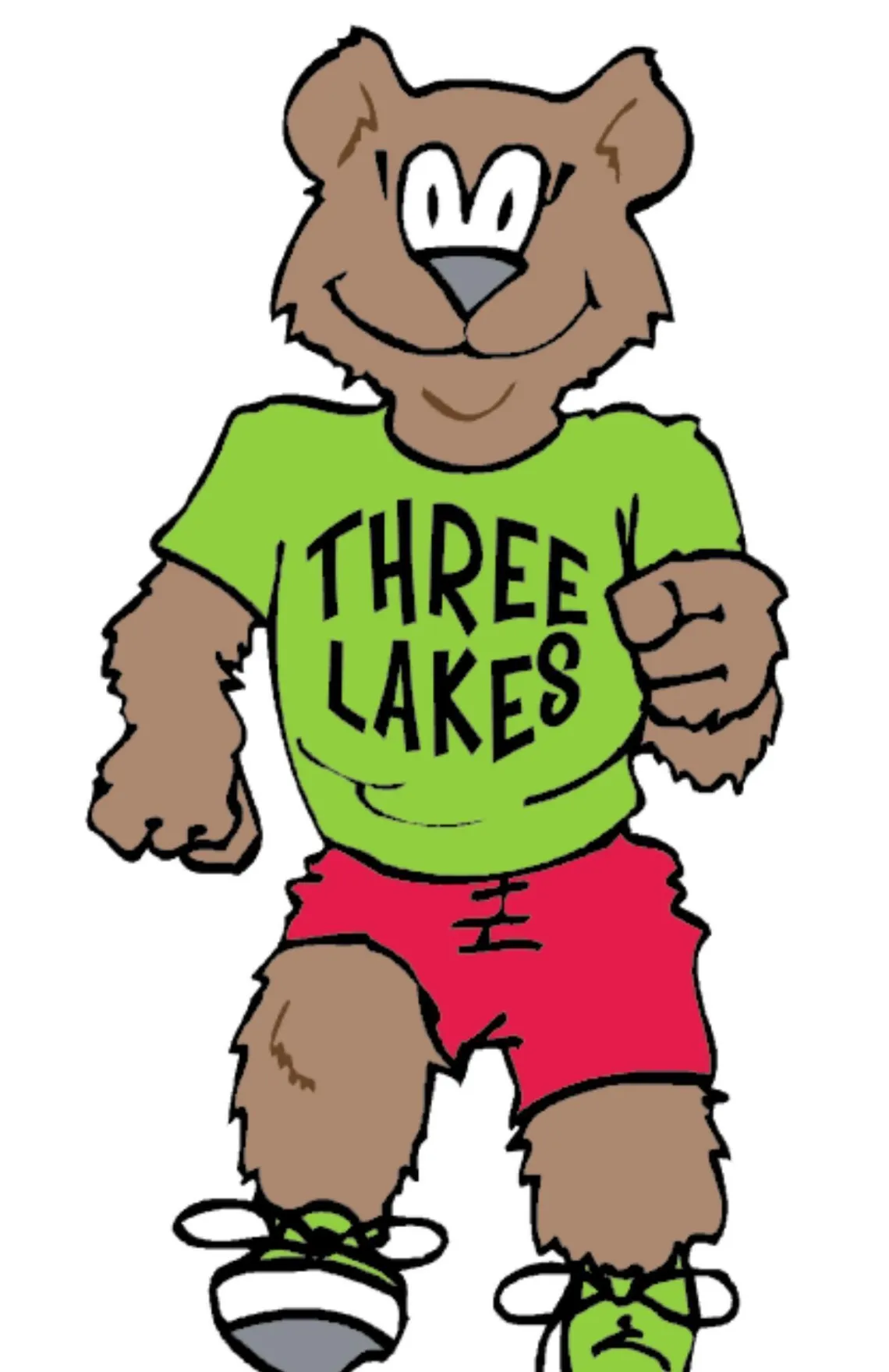 A smiling bear wearing a lime green shirt that says "THREE LAKES" and red shorts is jogging.
